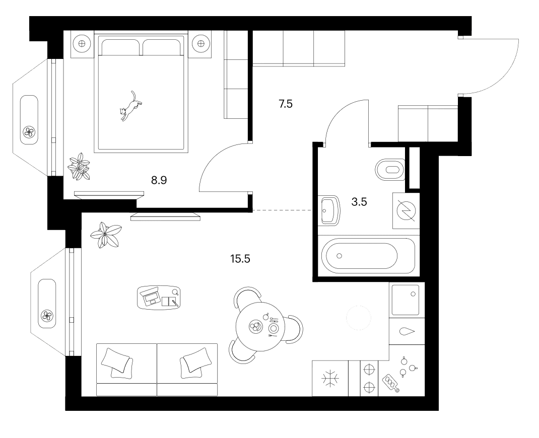Планировка: 1-комнатная квартира 35,4 м² в ЖК «Зеленый парк»