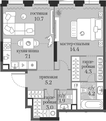 Планировка: 1-комнатная квартира 50,8 м² в ЖК «Муза»