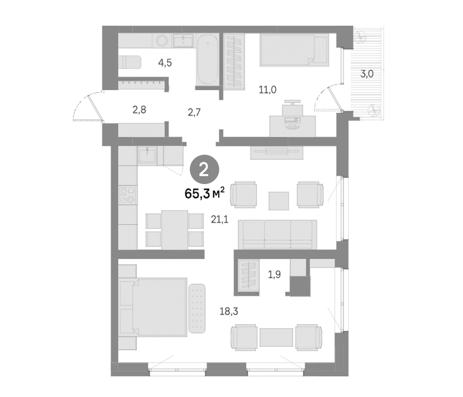Планировка: 2-комнатная квартира 62,4 м² в ЖК «Квартал Издание»