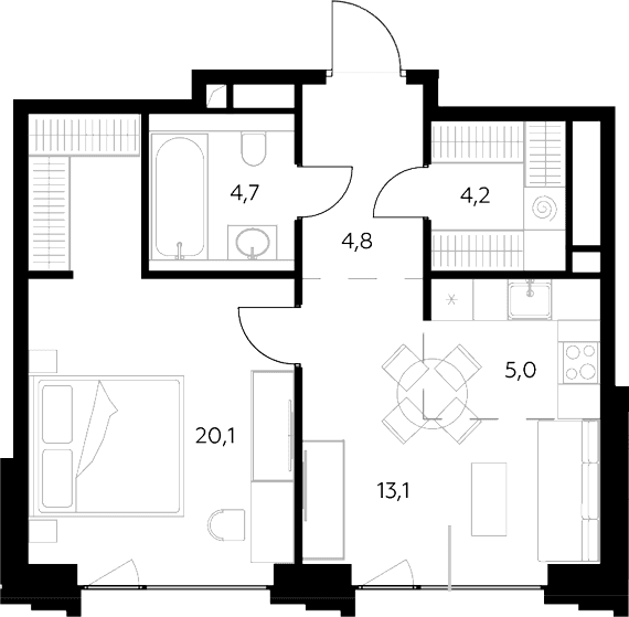 Планировка: Евродвушка 51,9 м² в ЖК «Монблан»