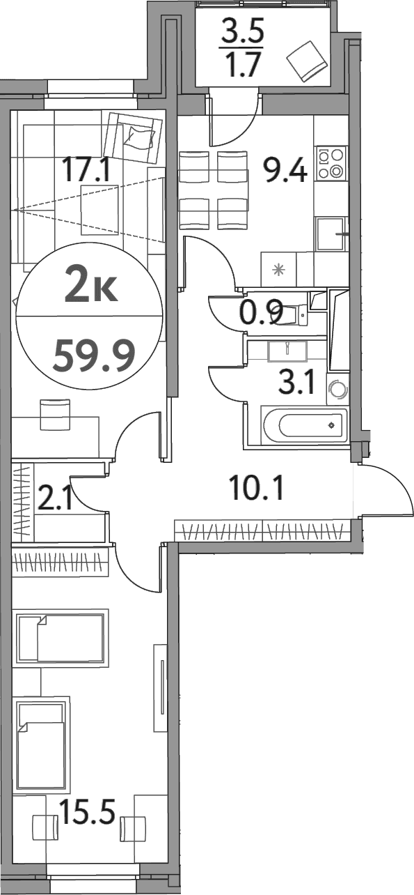Планировка: 2-комнатная квартира 58,2 м² в ЖК «Солнечная долина»