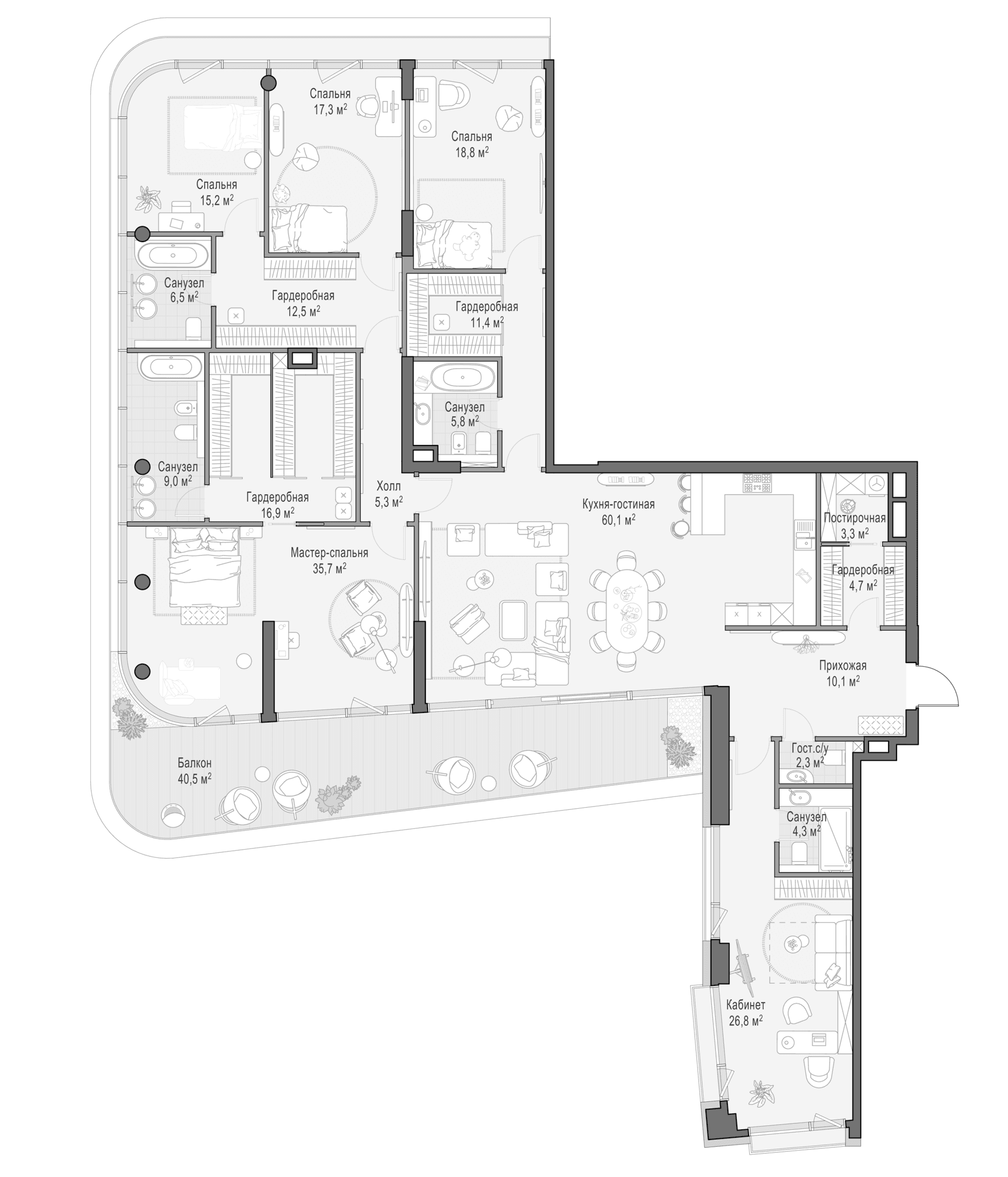 Планировка: 5-комнатная квартира 273,6 м² в ЖК «Дом Палашевский 11»