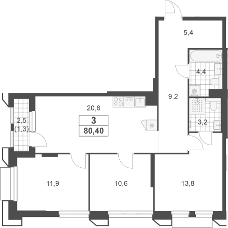 Планировка: Квартира евро-4 79,1 м² в ЖК «Южные сады»