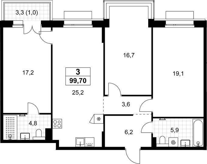 Планировка: Квартира евро-4 98,7 м² в ЖК «Хольм»