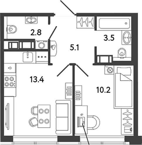 Планировка: 1-комнатная квартира 35 м² в ЖК «Гений»