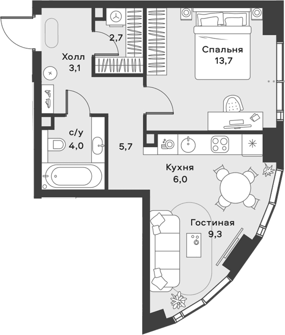 Планировка: Евродвушка 44,5 м² в ЖК «АЛИА»