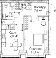 Планировка: 1-комнатная квартира 43,2 м² в ЖК «СЕЗАР БУДУЩЕЕ»