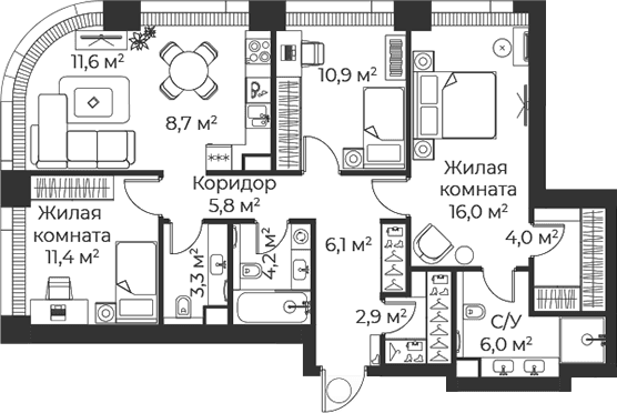 Планировка: Квартира евро-4 90,9 м² в ЖК «Веер»