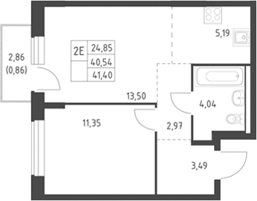 Планировка: Евродвушка 40,5 м² в ЖК «Горки Парк»