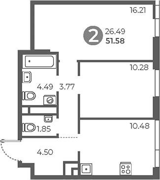 Планировка: 2-комнатная квартира 51,6 м² в ЖК «Нижегородская от Гранель»
