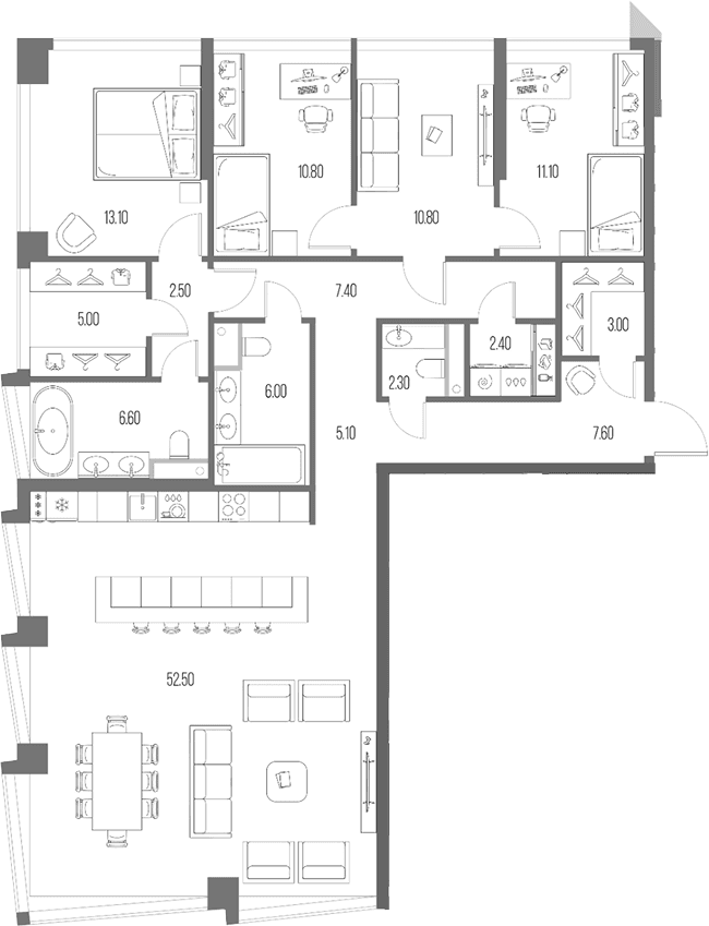 Планировка: 3-комнатная квартира 146,2 м² в ЖК «Северный Порт»