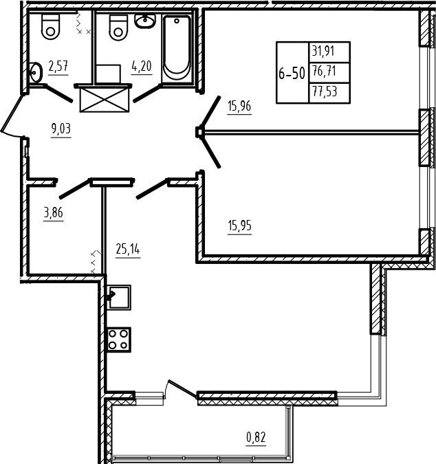 Планировка: Евротрёшка 76,7 м² в ЖК «Новая история»