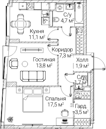 Планировка: 2-комнатная квартира 61 м² в ЖК «СЕЗАР БУДУЩЕЕ»