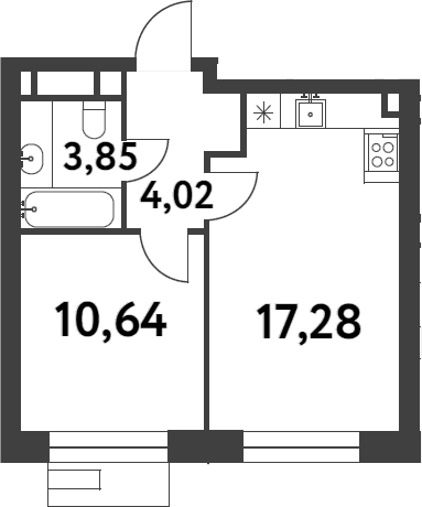 Планировка: 1-комнатная квартира 35,8 м² в ЖК «Смарт Гарден»
