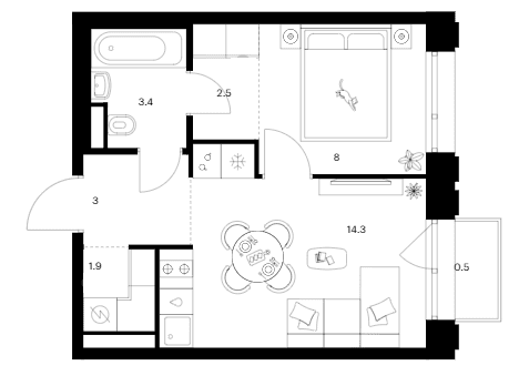 Планировка: 1-комнатная квартира 33,1 м² в ЖК «Москворечье»
