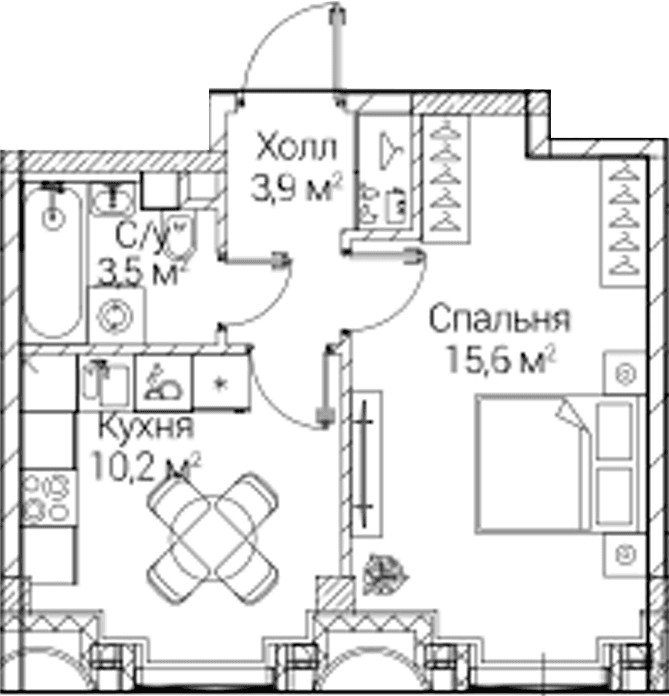Планировка: 1-комнатная квартира 33,2 м² в ЖК «СЕЗАР БУДУЩЕЕ»