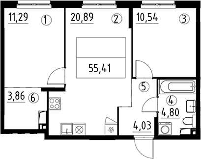 Планировка: Евротрёшка 55,4 м² в ЖК «А101 Лаголово»