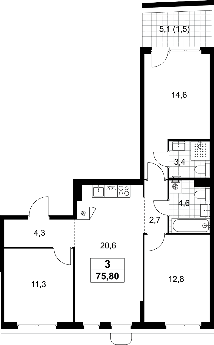Планировка: Квартира евро-4 74,3 м² в ЖК «Прокшино»
