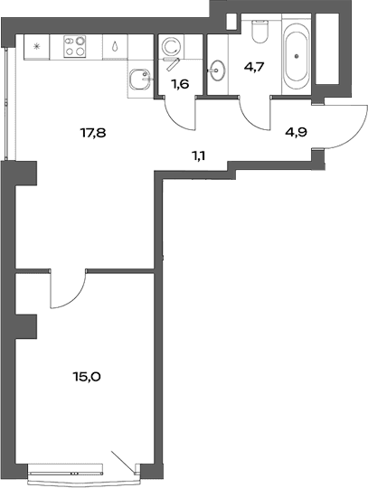 Планировка: Евродвушка 45,1 м² в ЖК «Акценты»