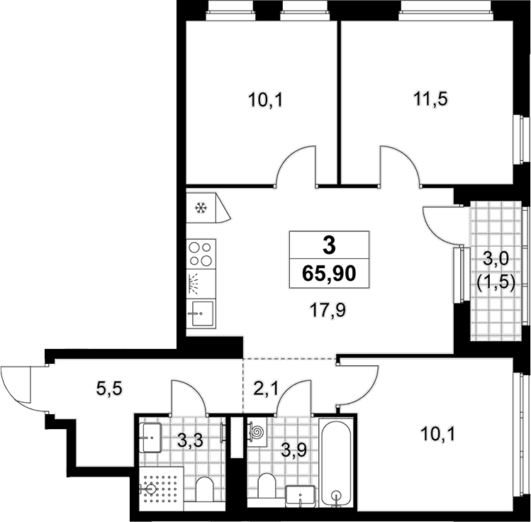 Планировка: Квартира евро-4 64,4 м² в ЖК «Деснаречье»