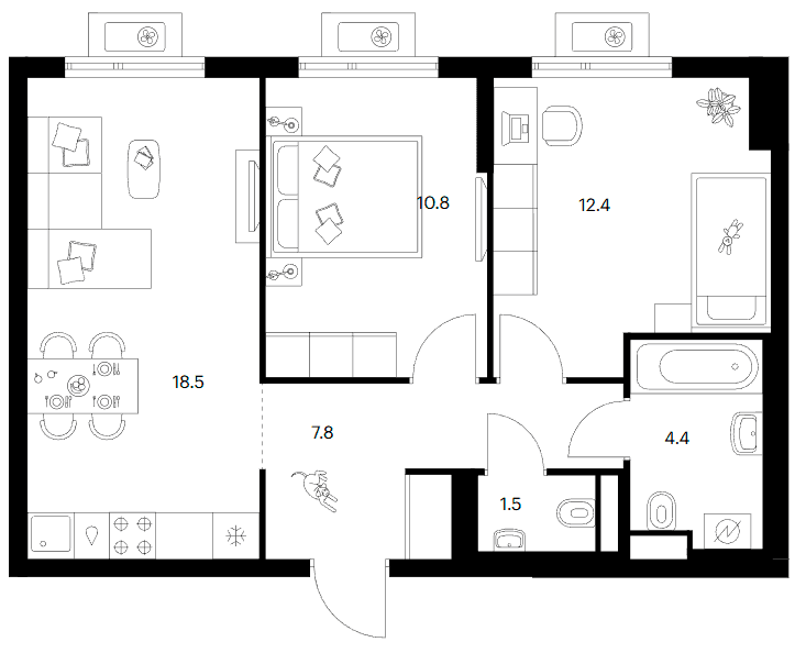 Планировка: 2-комнатная квартира 55,4 м² в ЖК «Белая Дача парк»