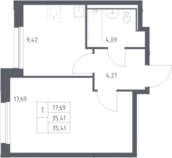 Планировка: 1-комнатная квартира 35,4 м² в ЖК «Прибрежный Парк»