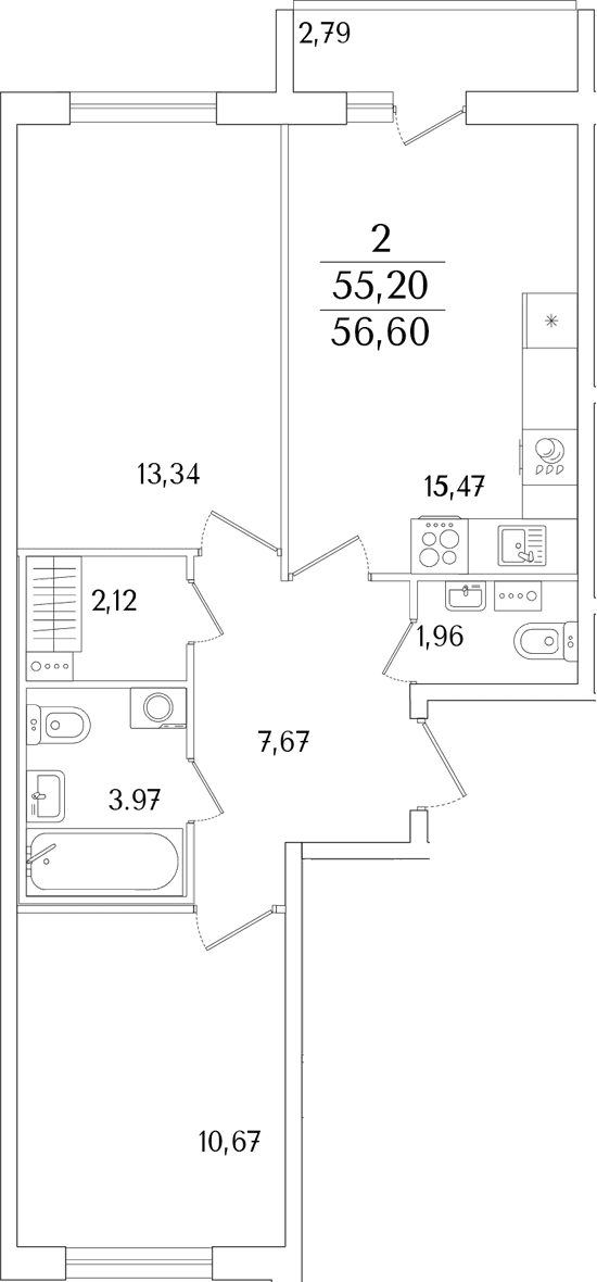 Планировка: Евротрёшка 55,2 м² в ЖК «Кинопарк»