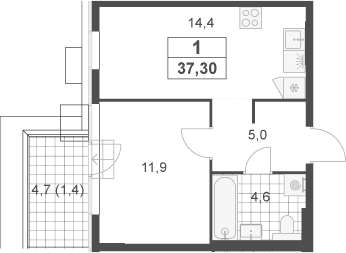 Планировка: 1-комнатная квартира 35,9 м² в ЖК «Южные сады»