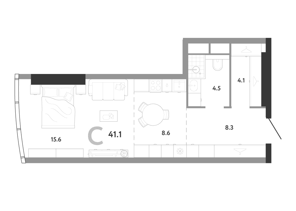 Планировка: Студия 41,1 м² в ЖК «АУРУС Резиденции»