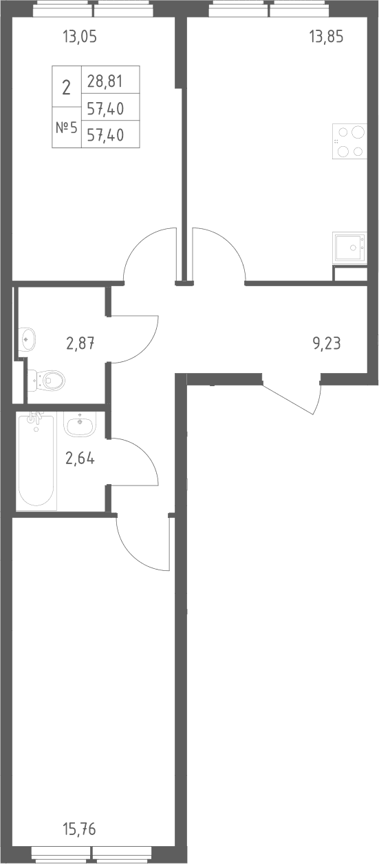 Планировка: 2-комнатная квартира 57,4 м² в ЖК «Остафьево»
