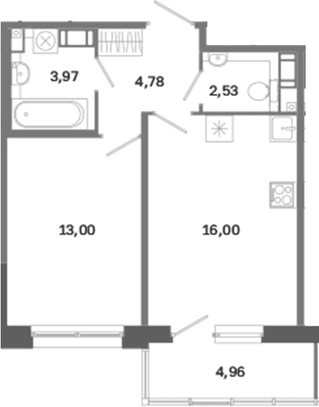 Планировка: Евродвушка 40,3 м² в ЖК «Дом на Курской»