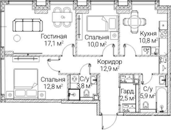 Планировка: 3-комнатная квартира 75,8 м² в ЖК «СЕЗАР БУДУЩЕЕ»