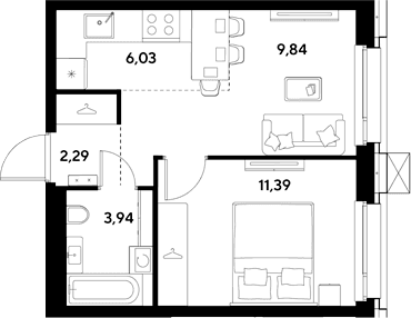 Планировка: Евродвушка 33,5 м² в ЖК «ЭВО»