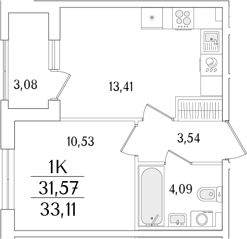 Планировка: Евродвушка 31,6 м² в ЖК «Гранат»