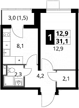 Планировка: 1-комнатная квартира 29,6 м² в ЖК «1-й Донской»