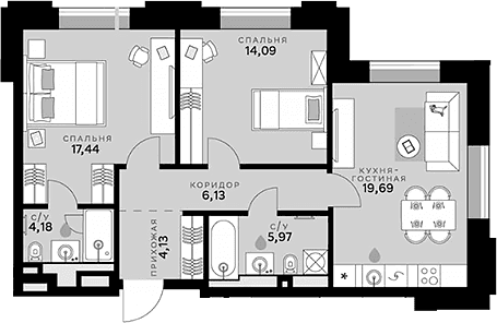 Планировка: Евротрёшка 71,6 м² в ЖК «СберСити»