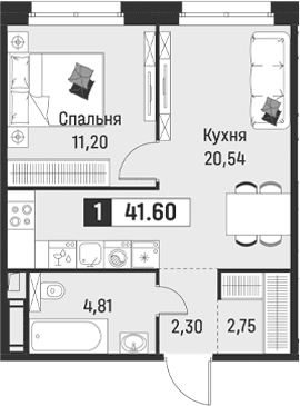 Планировка: Евродвушка 41,6 м² в ЖК «Символист»