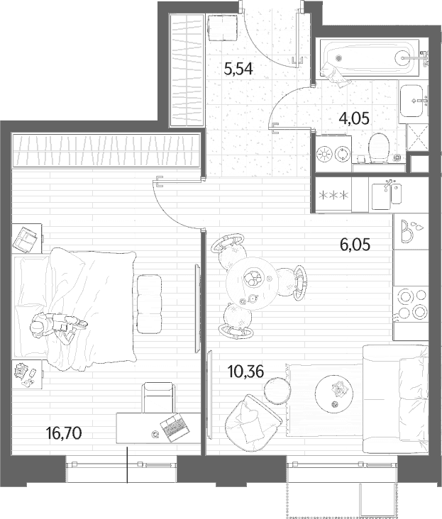 Планировка: Евродвушка 42,7 м² в ЖК «МЫС»