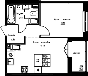 Планировка: Евродвушка 33,4 м² в ЖК «Кронунг-Янино»