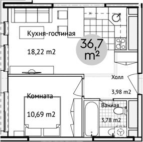 Планировка: Евродвушка 38,6 м² в ЖК «Адрес»