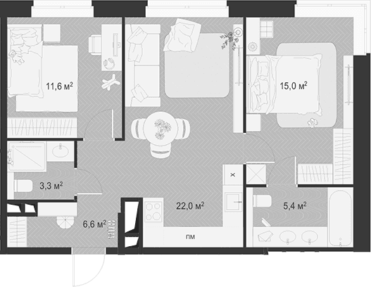 Планировка: Евротрёшка 63,9 м² в ЖК «Гранд Комфорт 3»