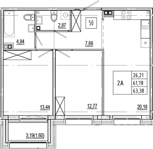 Планировка: Евротрёшка 61,8 м² в ЖК «Ranta Residence»