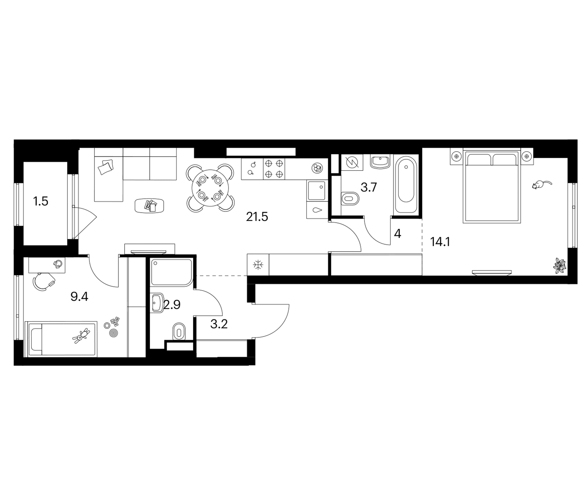 Планировка: 2-комнатная квартира 58,8 м² в ЖК «Белая Дача парк»