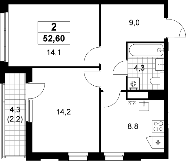 Планировка: 2-комнатная квартира 50,4 м² в ЖК «Деснаречье»