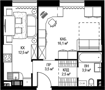 Планировка: 1-комнатная квартира 38,5 м² в ЖК «Дом МАЛЕВИЧ»