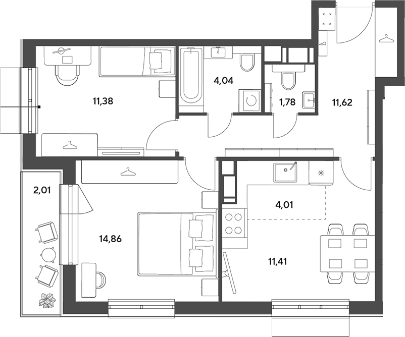Планировка: Евротрёшка 59,1 м² в ЖК «Публицист»