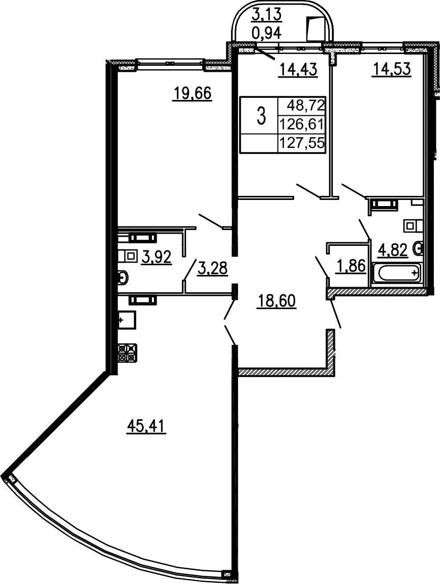 Планировка: 3-комнатная квартира 123,1 м² в ЖК «Дом-Мегалит в Королеве»