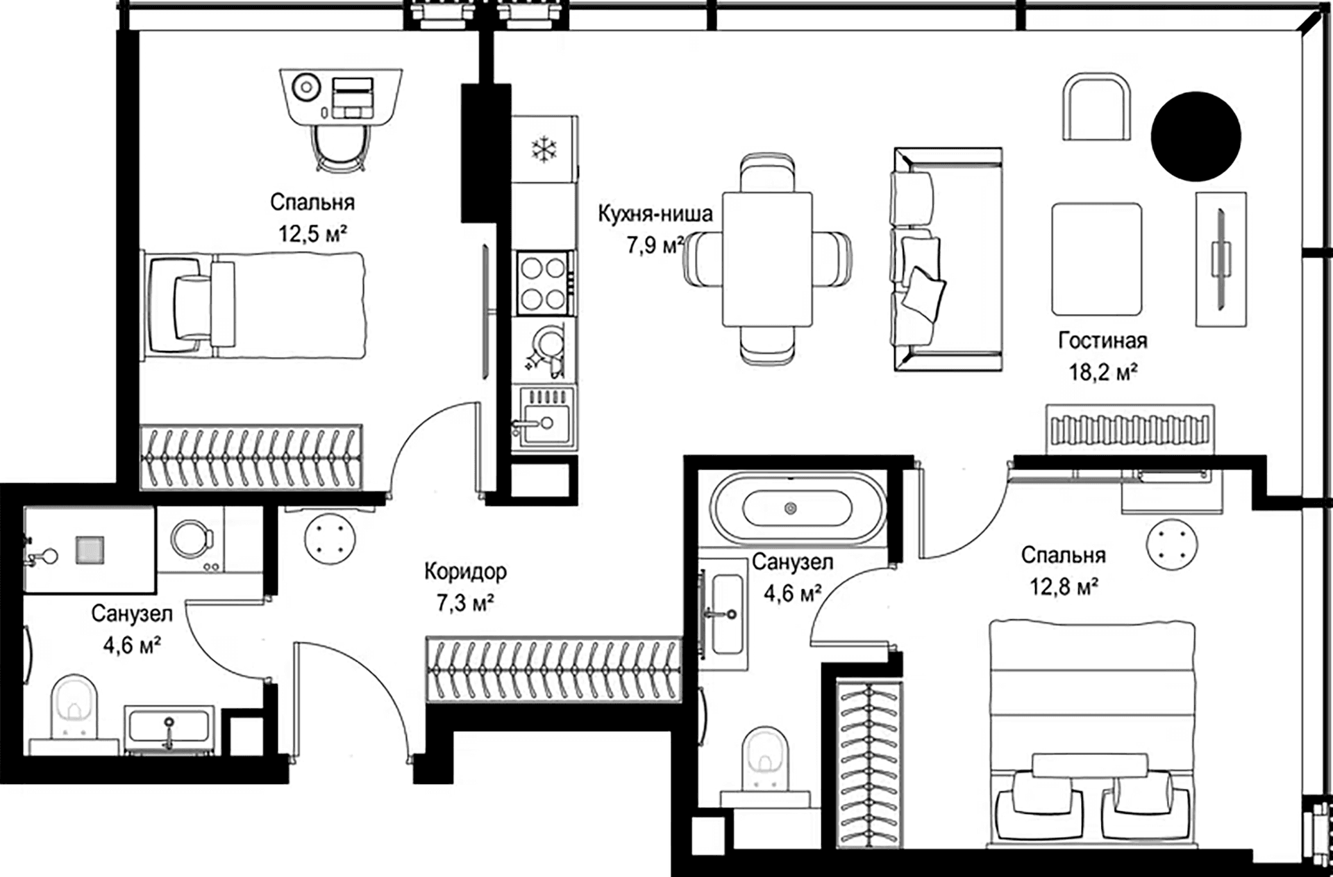 Планировка: Евротрёшка 67,9 м² в ЖК «Слава»