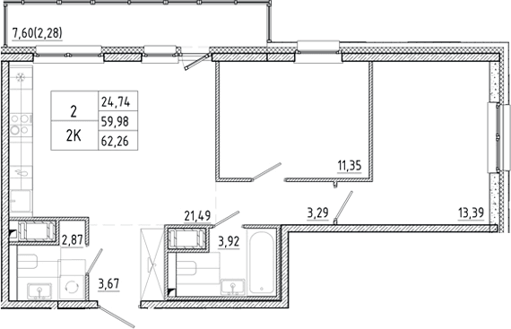 Планировка: Евротрёшка 60 м² в ЖК «Окла Вижн»