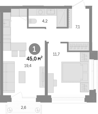 Планировка: 1-комнатная квартира 42,4 м² в ЖК «Квартал Издание»